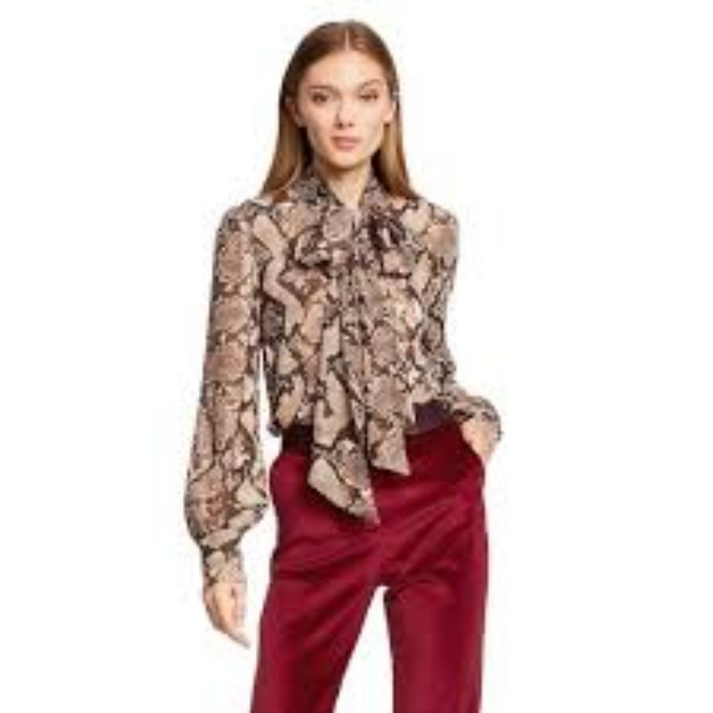 Women's Snake Print Long Sleeve Tie Neck Blouse
